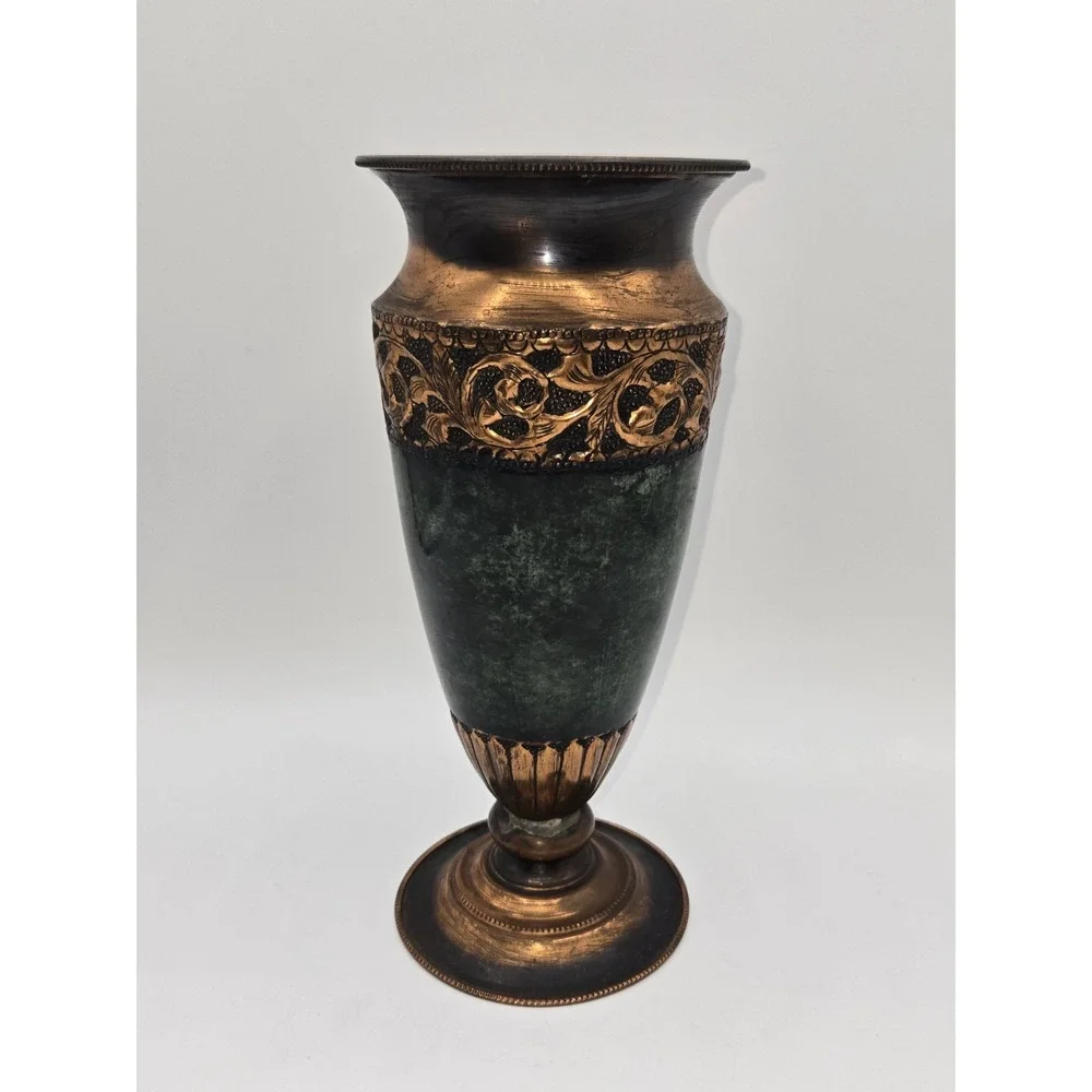 Hammered Copper Vase Israel Patina Finish Ornate Band Mid Century Decorative Urn